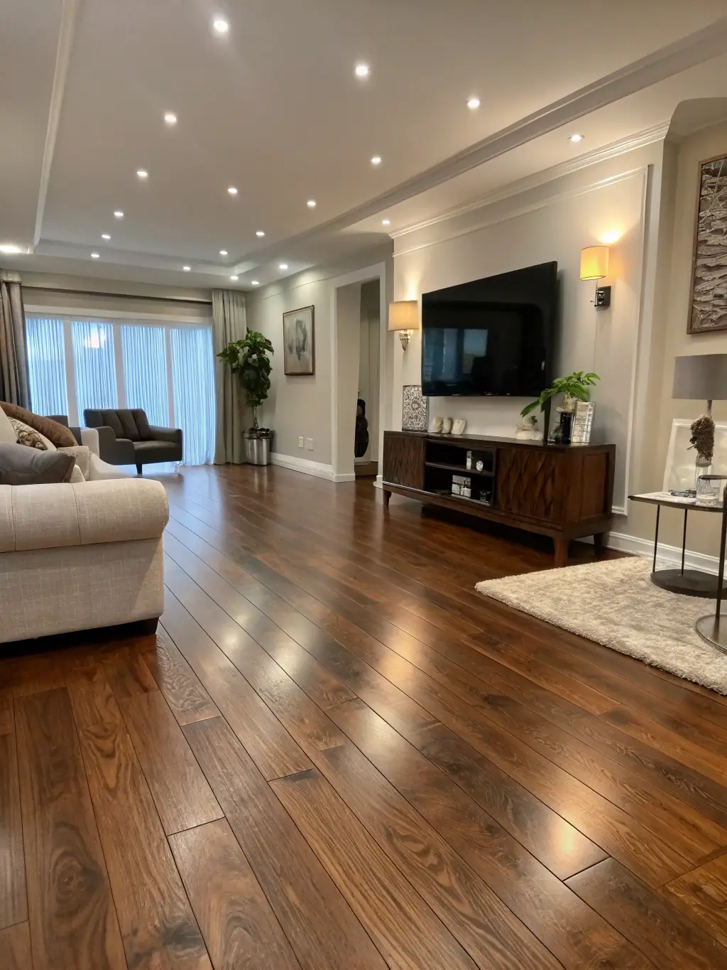 A newly installed hardwood floor in a living room, reflecting the quality and craftsmanship of Upper Left General Contracting's flooring services.