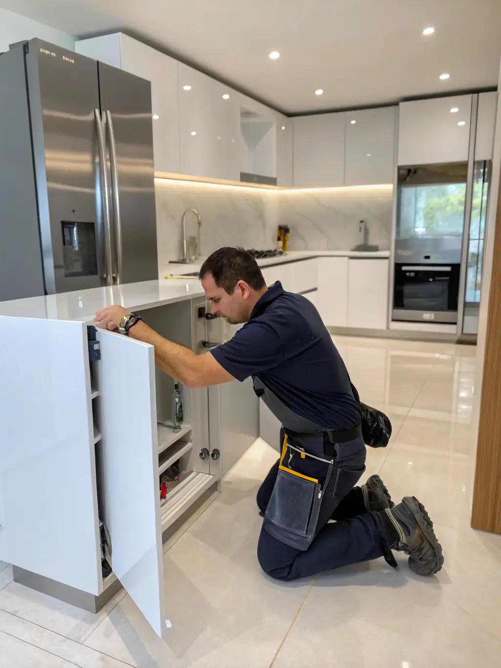 A contractor carefully installing custom cabinets in a modern kitchen, emphasizing the attention to detail and precision of Upper Left General Contracting.