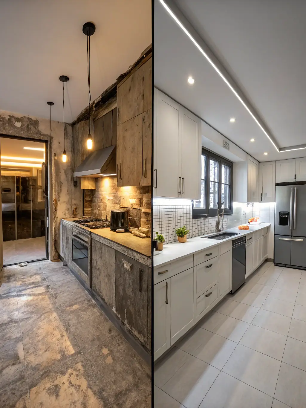 A before-and-after shot of a kitchen renovation, highlighting the transformative impact of Upper Left General Contracting's services.