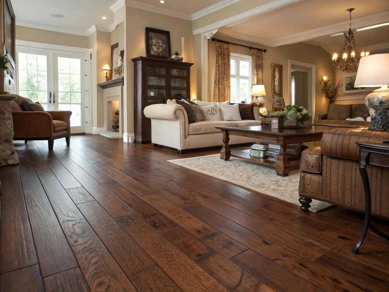 A stunning hardwood floor installation that adds warmth and elegance to a living space, demonstrating Upper Left General Contracting's expertise in flooring services.