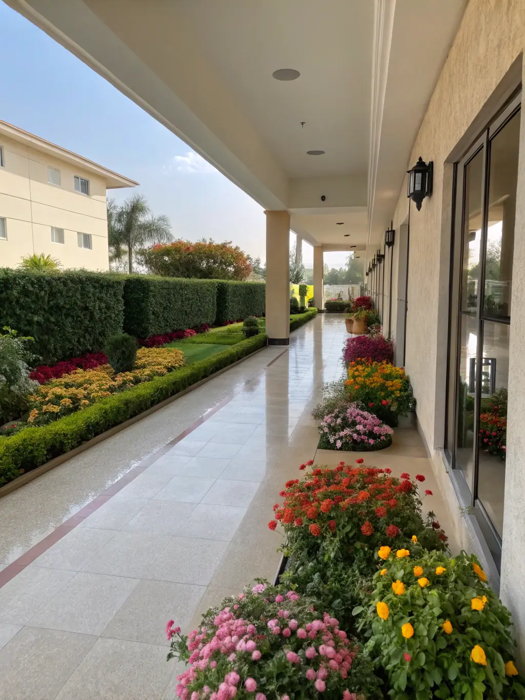 A multi-unit apartment complex hallway with newly installed, durable laminate flooring. The walls are painted a neutral color, and there are visible unit doors along the hallway.