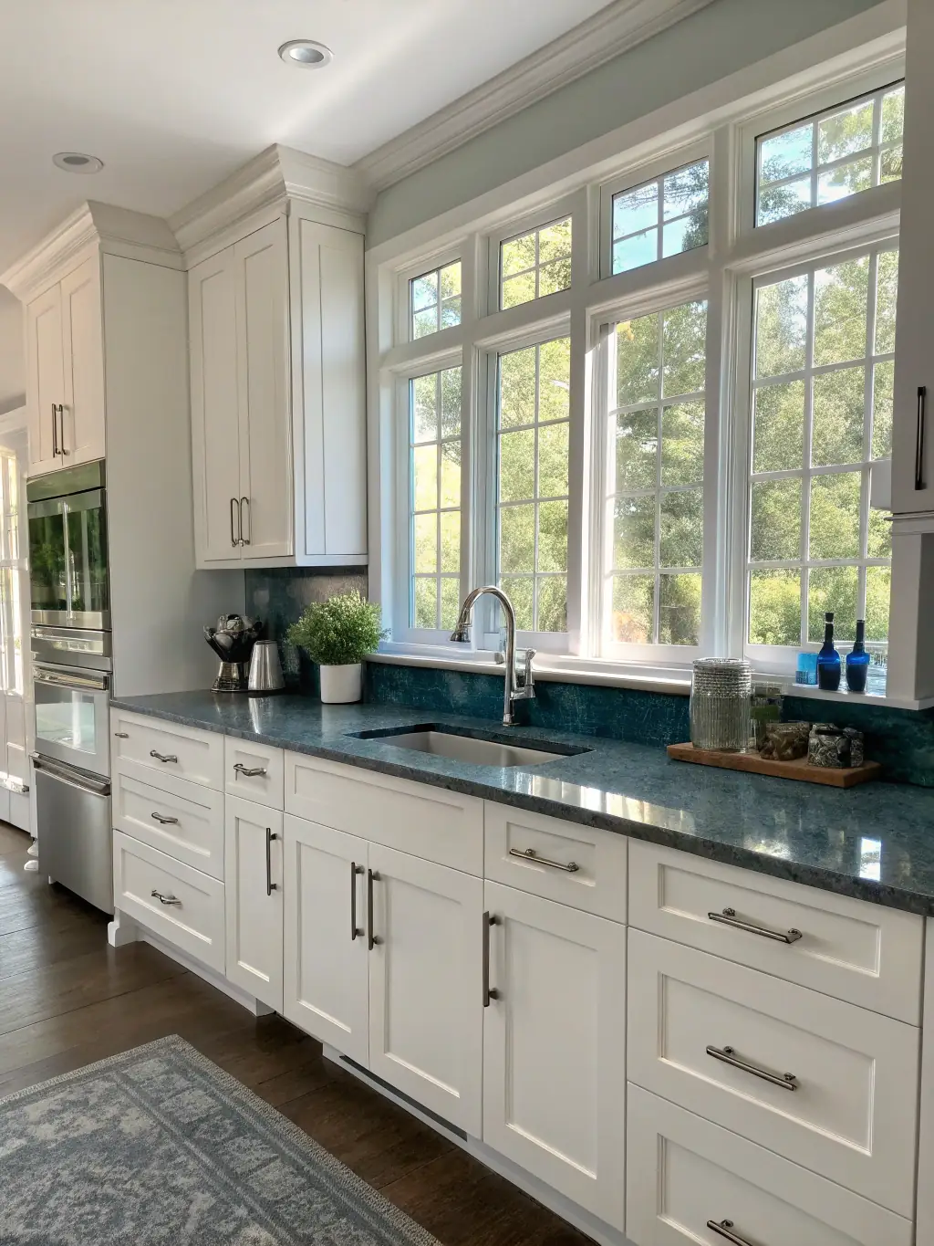 A brightly lit, modern kitchen featuring newly installed white shaker cabinets, granite countertops, and stainless steel appliances. The flooring is a light-colored hardwood, and the overall impression is clean and sophisticated.