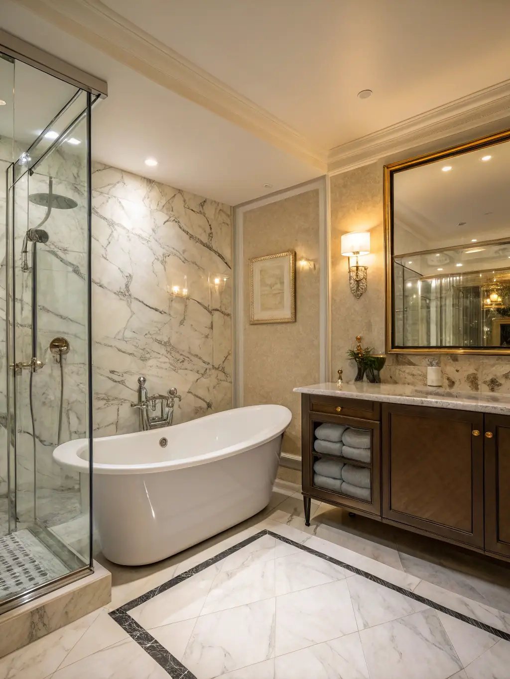 A luxurious bathroom with a freestanding soaking tub, custom dark wood vanity cabinets, and marble flooring. The lighting is soft and ambient, creating a spa-like atmosphere.